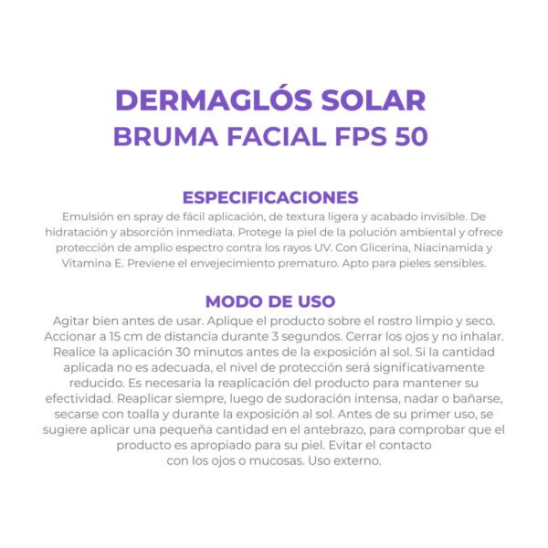DERMAGLOS SOLAR F50 FACIAL BRUMA LOC x   75 - Imagen 3